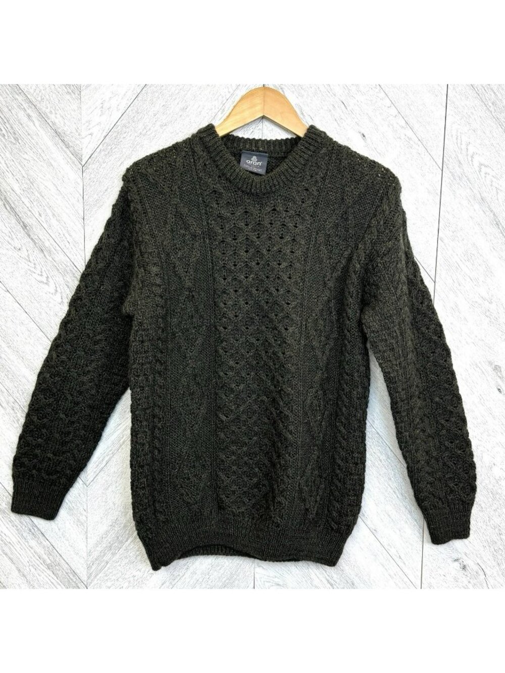 Aran Woolen Millis Irish 100% Wool Fisherman Knit Crew Sweater Green Mens Medium